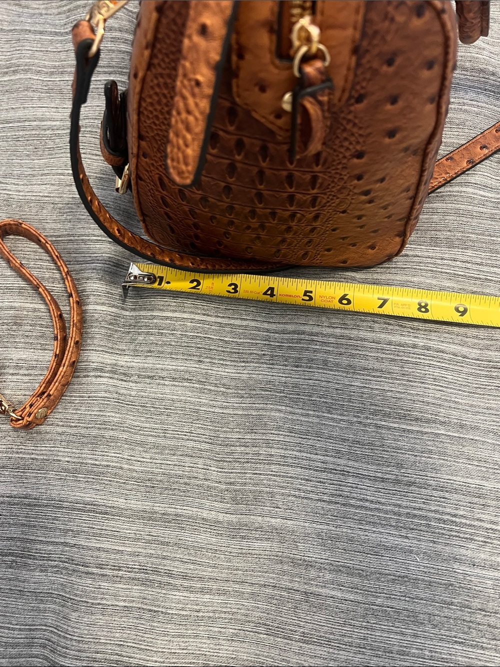 Structured Cognac Faux Ostrich & Croc Satchel with Gold Hardware - Picture 6 of 7